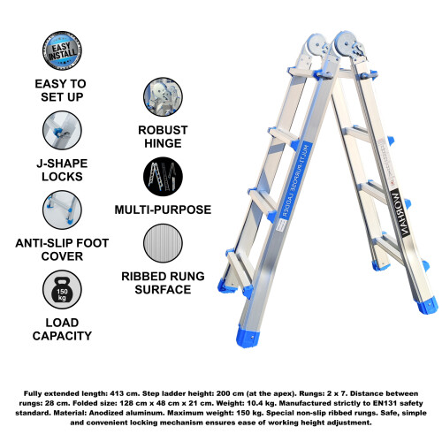 Scala 4.14 m telescopica multifunzione. Forte e stabile scaletta L4