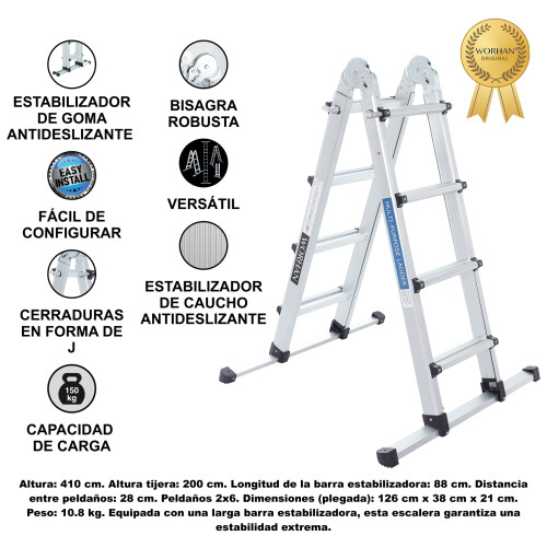 Echelle 4.10m Aluminium Pliable Extensible avec Stabilisateur Escabeau Aluminium LG4